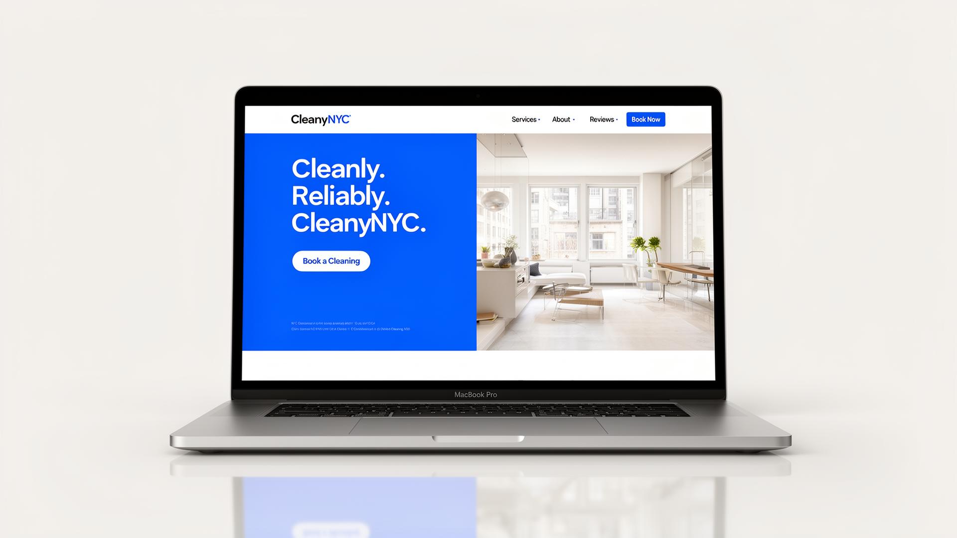 CleanyNYC website shown on a MacBook Pro — premium NYC cleaning company homepage